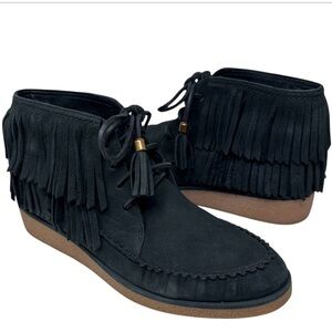 UGG CALEB Nubuck Leather Fringe Ankle Boots Booties Black 9.5